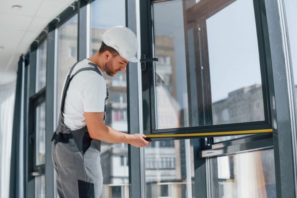 Holding window. Repairman is working indoors in the modern room.
